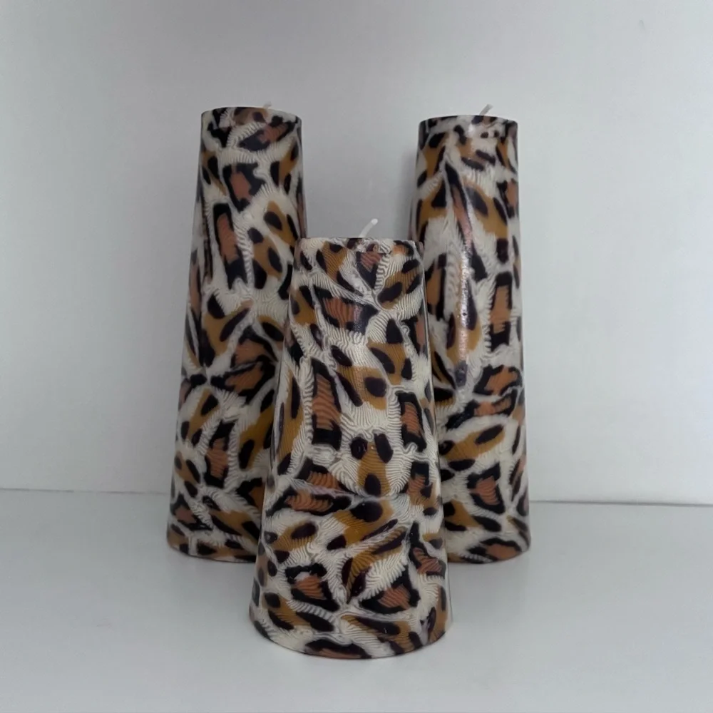 3 UNSCENTED Animal Print Candles Leopard Print: cone shape